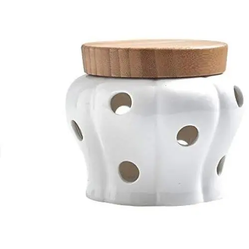 Lucky lu White Garlic Ginger Keeper Vented Ceramic Storage Container Hollow Ceramic Storage Tank Bamboo Cover Kitchen Storage Container (Small)