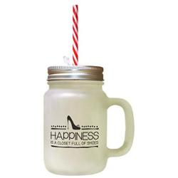 Black Happiness Is Closet Full Of Shoes Frosted Glass Mason Jar With Straw