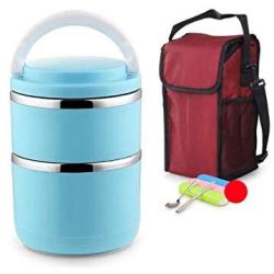 Thermos Food Jar Multi-storey Thermos Stainless Food Flask For Student Leakproof Insulated Food Containers Portable Bag Fully Sealed (Color : Blue, Size : 1500ML)