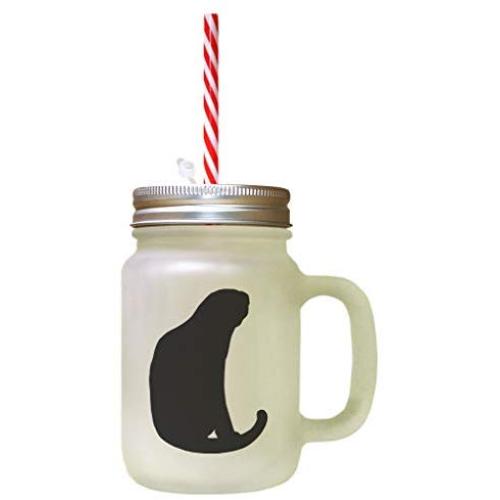 Black Domestic Shorthair Cat Silhouette #4 Frosted Glass Mason Jar With Straw