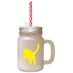 Yellow British Shorthair Cat Silhouette #3 Frosted Glass Mason Jar With Straw