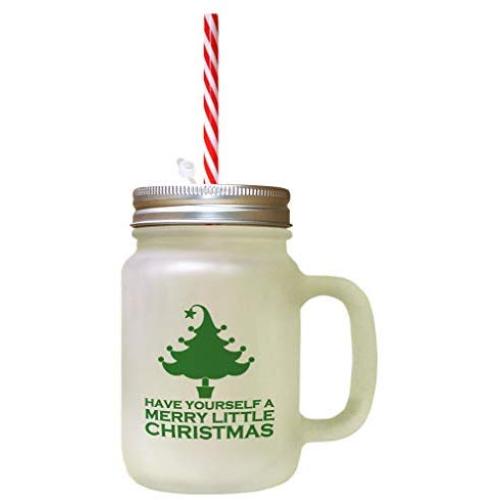 Forest Green Have Yourself A Merry Little Christmas Tree Frosted Glass Mason Jar With Straw