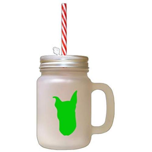 Green Miniature Pinscher Silhouette Frosted Glass Mason Jar With Straw