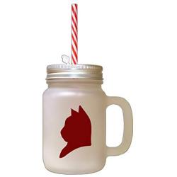Maroon American Shorthair Cat Head Silhouette Frosted Glass Mason Jar With Straw