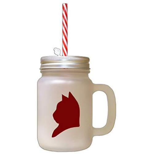 Maroon American Shorthair Cat Head Silhouette Frosted Glass Mason Jar With Straw