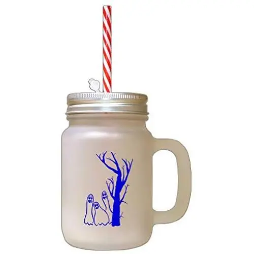Fantômes d'Arbres Bleus Royaux Effrayants pour Halloween, Bocal en Verre Froissé avec Pailles. Fantômes d'Arbres Bleus Royaux Effrayants pour Halloween, Bocal en Verre Froissé avec Pailles.