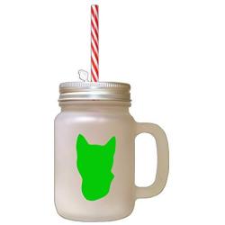 Green Tonkinese Cat Head Silhouette #2 Frosted Glass Mason Jar With Straw