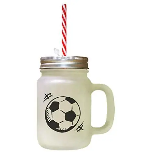 Black Soccer Ball #3 Frosted Glass Mason Jar With Straw Black Soccer Ball #3 Frosted Glass Mason Jar With Straw