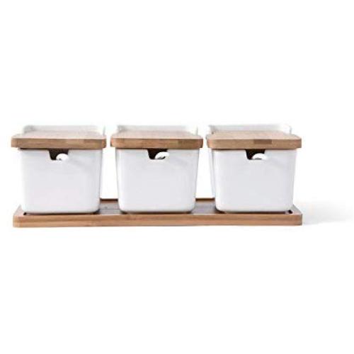TNKML Kitchen Spice Pots Bowls With Spoon & Porcelain Box And Bamboo Cover Storage Container Condiment Jars Ceramic Seasoning Rack
