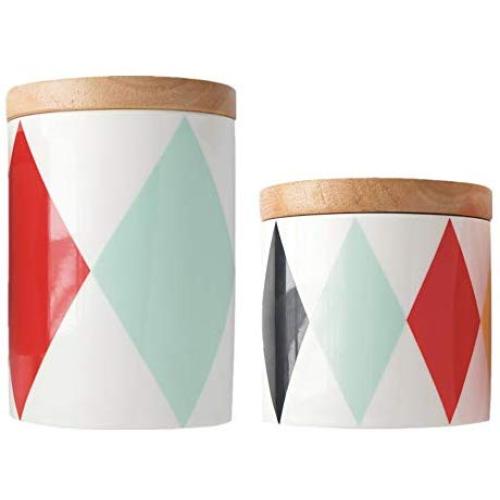 OnePine Set of 2 Food Storage Jar with Sealed Wooden Lid, Geometric Pattern Ceramic Storage Jar for Tea Sugar Coffee Bean Nuts Grain