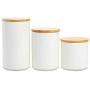 White Ceramic Kitchen Canisters, Set of Three with Real Bamboo Lids and Organizer Tray with Silicon Airtight Seals, for Dry Food Storage, Perfect for Coffee, Tea, Sugar, Spice, Candy, Cookies, Flour