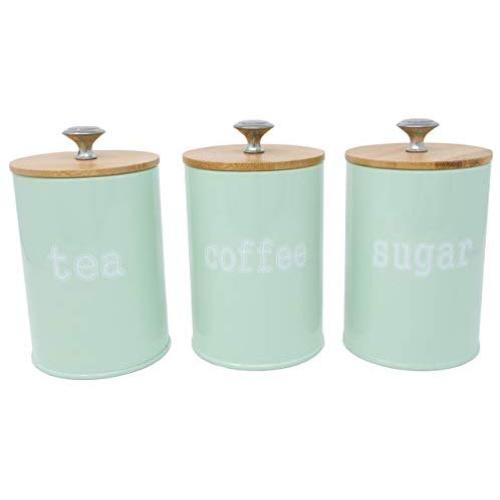 Set of 3 Metal Food Storage Tin With Bamboo Lid for Sugar Tea Coffee Canister Jar Light Green (LIGHT GREEN)