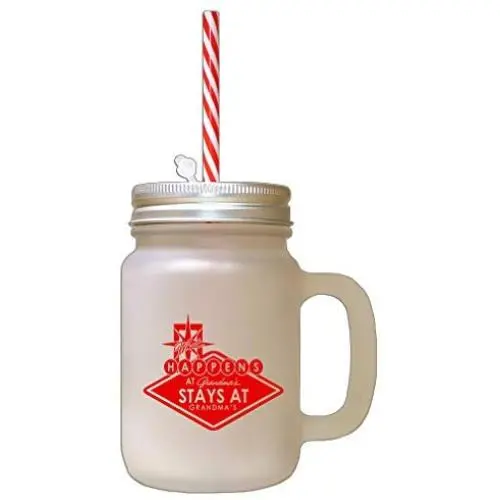 Red What Happens GrandmaS Stays GrandmaS Frosted Glass Mason Jar With Straw Red What Happens GrandmaS Stays GrandmaS Frosted Glass Mason Jar With Straw