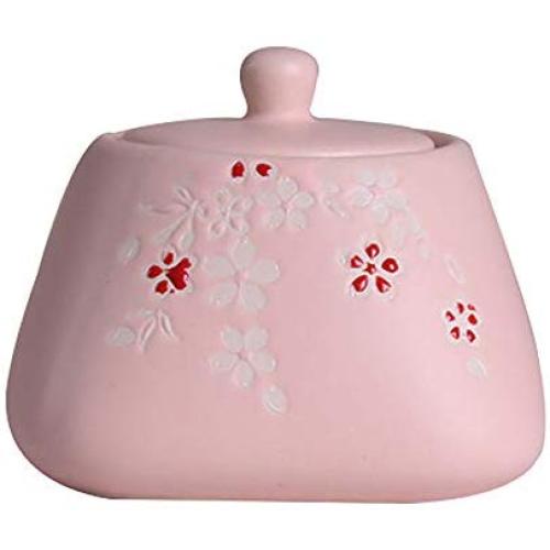 Retro Cherry Blossom Ceramic Sugar Bowl Set Sugar Dispenser with Lid Spoon Salt Pot Pepper Storage Jar Seasoning Pot Container Box Condiment Spice Racks Holder for Home Kitchen,Pink