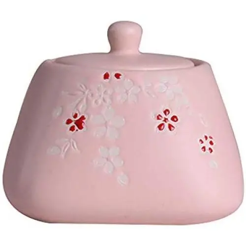 Retro Kirschblüten Keramik Zuckerbowl Set mit Zuckerdose und Löffel, Salztopf, Pfefferbehälter, Gewürzbehälter, Box, Condiments, Spice Racks Holder für Küche und Haushalt, Rosa