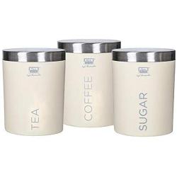 PLANET 007 Set of 3 Tea Coffee Sugar Containers Set Canisters Set with Stainless Steel Lid Off-White