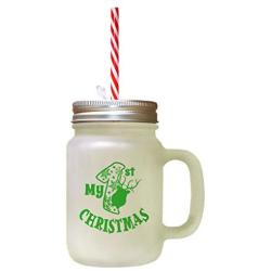 Green My 1St Christmas Frosted Glass Mason Jar With Straw