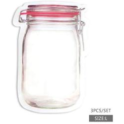 OBR KING 3PCS Sealing Food Snack Storage Bag Reusable Mason Jar Shape Zip Lock Bag (L)