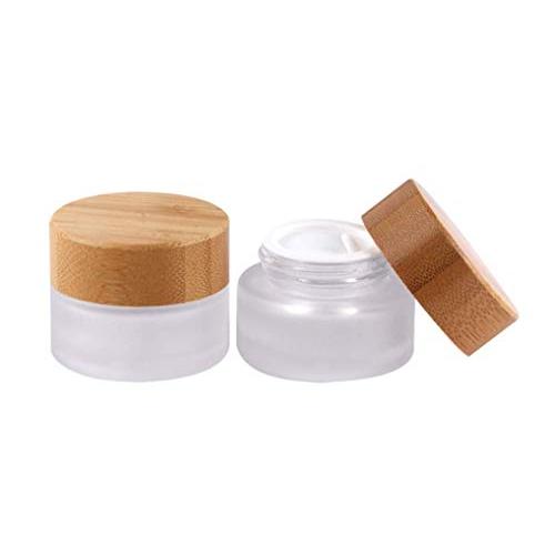 2PCS 50ML/ 1.7OZ Frosted Glass Cream Bottle with Environmental Bamboo Lid Empty Refillable Eye Cream Lotions Ointment Cosmetic Crams Jar Makeup Travel Bottles Samples Containers Pot