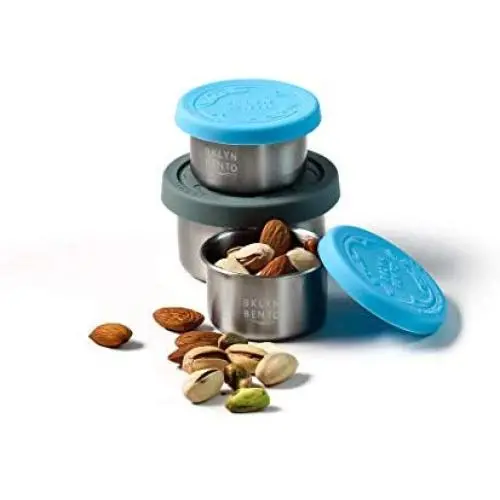 Contenant en Acier Inox, Petit, Étanch Épaisseur, Idéal Pour le Contrôle des Portions, les Encas et le Transport de Vinaigrettes | Compatible avec les Boîtes à Lunch et Boîtes à Bento | Jeu de 3 avec Couvercle en Silicone