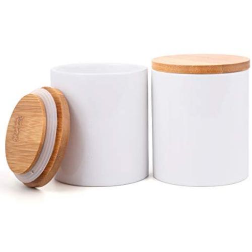 Lawei 2 Pack Ceramic Food Storage Jar with Airtight Seal Bamboo Lid - 10 oz Ceramic Canister Storage jar Sugar Bowl Salt Container Coffee Tea Jar