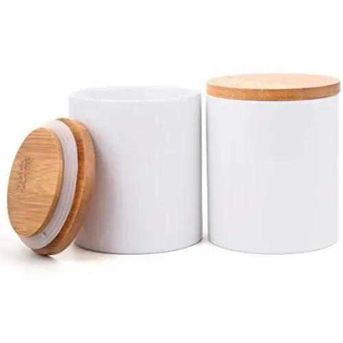 Lawei 2er Pack Keramik Lebensmittelbehälter mit Dichtung aus Bambus - 10 oz Keramik Dose Lagerbehälter Zuckerstreukessel Salzbehälter Kaffee Tee Dose