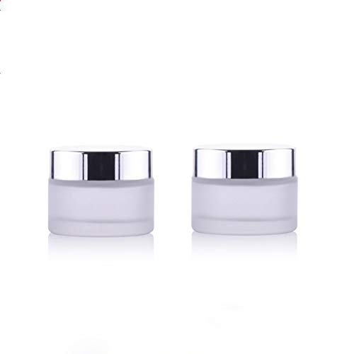 2PCS 15ml/0.5oz Empty Refillable Frosted Glass Round Cream Jars Case Box Cosmetic Container Pots Holder Travel Packaging Storage with Silver Screw Cap for Facial Cover Lip Balm Ointments Eye Shadow