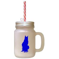 Royal Blue Maine Coon Cat Silhouette #1 Frosted Glass Mason Jar With Straw