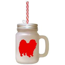 Red Chow Chow Silhouette Frosted Glass Mason Jar With Straw