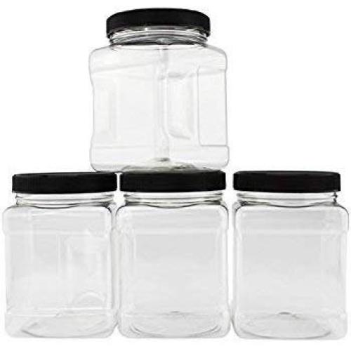 Jars with Lids 4 Clear Empty Plastic Storage Holders - Square Food Grade Air Tight Container with Easy Grip Handles - BPA Free Jar Multi Purpose