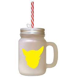 Yellow Chein Chihuahua Silhouette Frosted Glass Mason Jar With Straw