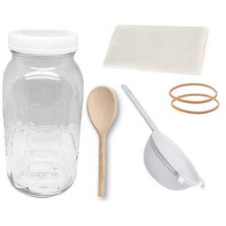 Jarming Collections Kefir/Kombucha Starter Kit/Fermentor Kit-1 Mason Jar Wide Mouth-1 Leak Proof Airtight Storage Lid - HIC(4 Inch) Nylon Mesh Strainer-Cotton Cloth Cover and Wood Spoon-Just add SKOBY