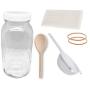 Jarming Collections Kefir/Kombucha Starter Kit/Fermentor Kit-1 Mason Jar Wide Mouth-1 Leak Proof Airtight Storage Lid - HIC(4 Inch) Nylon Mesh Strainer-Cotton Cloth Cover and Wood Spoon-Just add SKOBY