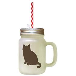 Brown British Shorthair Cat Silhouette #1 Frosted Glass Mason Jar With Straw