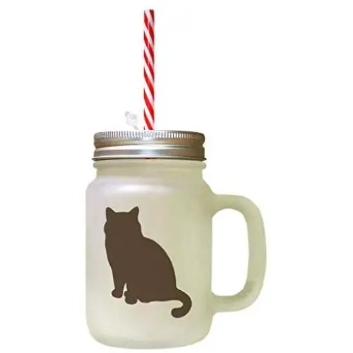 Brown British Shorthair Cat Silhouette #1 Frosted Glass Mason Jar With Straw Brown British Shorthair Cat Silhouette #1 Frosted Glass Mason Jar With Straw