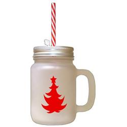 Red Christmas Tree #2 Frosted Glass Mason Jar With Straw