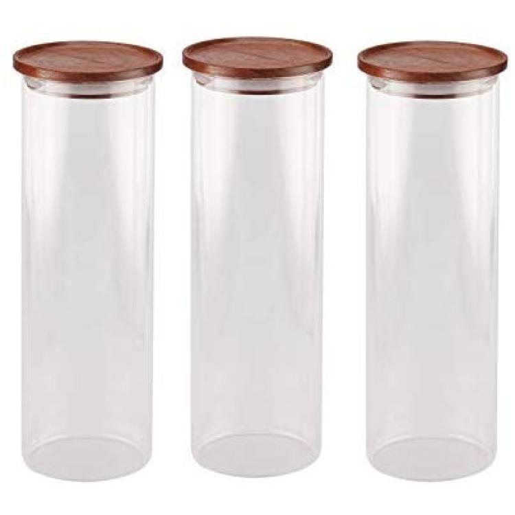 Stackable Clear Glass Jar Airtight Canister Wood Lid, Kitchen Food  Container Pasta Cereal Coffee Tea Storage Bottle Sealed Pantry Organizer 