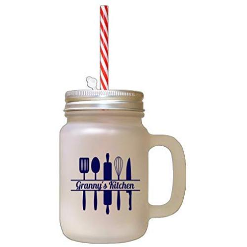 Navy GrannyS Kitchen Frosted Glass Mason Jar With Straw