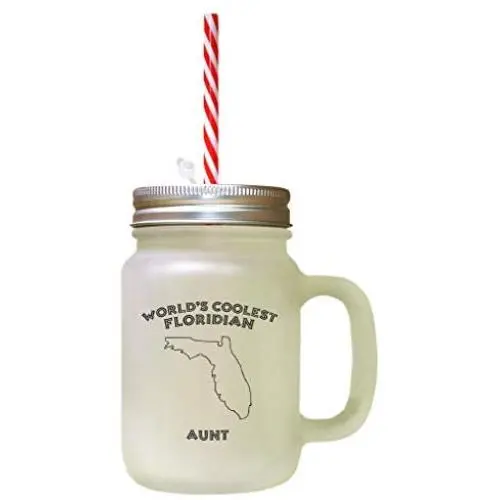 Black WorldS Coolest Floridian Aunt FL Frosted Glass Mason Jar With Straw Black WorldS Coolest Floridian Aunt FL Frosted Glass Mason Jar With Straw