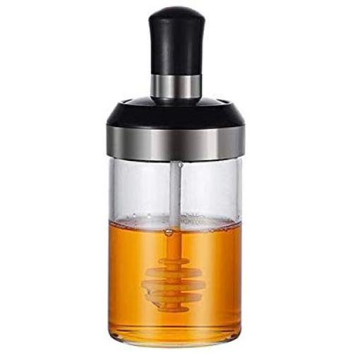 Glass Honey Dispenser with Dipper Stick, Honey Pot Syrup and Sugar Jar, Clear Storage Food Bottle with Stainless Steel Screw Lid for Home and Kitchen 8.5OZ (250 ML, 1 Pack)