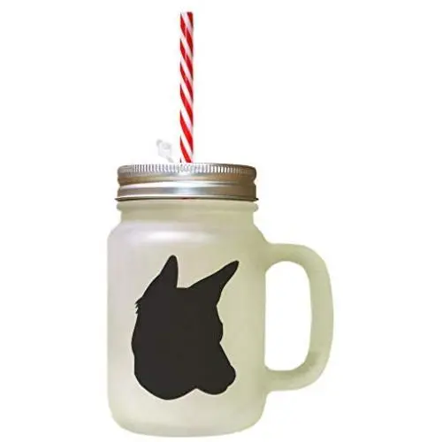 Black Portuguese Podengo Silhouette Frosted Glass Mason Jar With Straw