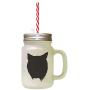 Black Domestic Longhair Cat Head Silhouette #2 Frosted Glass Mason Jar With Straw