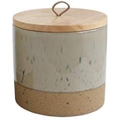 Creative Co-Op DA8248 Grey Stoneware Canister with Wood Lid & Leather Loop