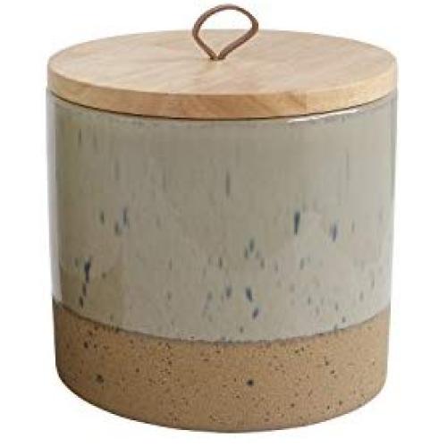 Creative Co-Op DA8248 Grey Stoneware Canister with Wood Lid & Leather Loop