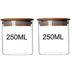 XINGZI 2PCS 250ML / 8.5oz Clear Glass Bamboo Wooden Lid Air Tight Food Storage Containers for Coffee Bean Loose Leaf Tea Containers Sugar Cookies Dry Fruit Nuts Candy Jars