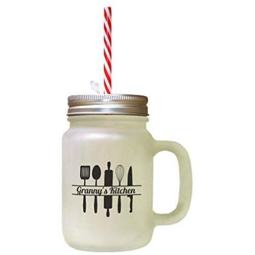 Black GrannyS Kitchen Frosted Glass Mason Jar With Straw