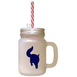 Navy Maine Coon Cat Silhouette #3 Frosted Glass Mason Jar With Straw