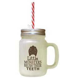 Brown Little Monsters Brush Their Teeth Frosted Glass Mason Jar With Straw