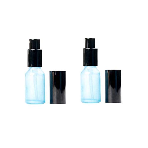 2PCS 15ml/0.5oz Empty Refillable Blue Glass Pump Press Bottle Lotion Dispenser Vials with Black Lid Portable Travel Cosmetic Packing Containers Jar Pot Holder for Emulsion Essence Serum