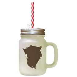 Brown Domestic Longhair Cat Head Silhouette #1 Frosted Glass Mason Jar With Straw